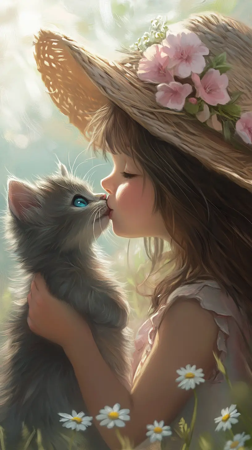 Girl Kissing Kitten In Soft Painterly Pastel Scene