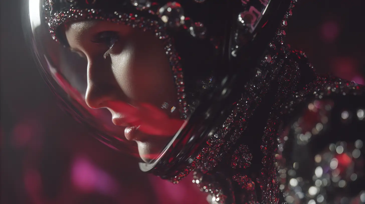 Futuristic couture astronaut woman on alien landscape