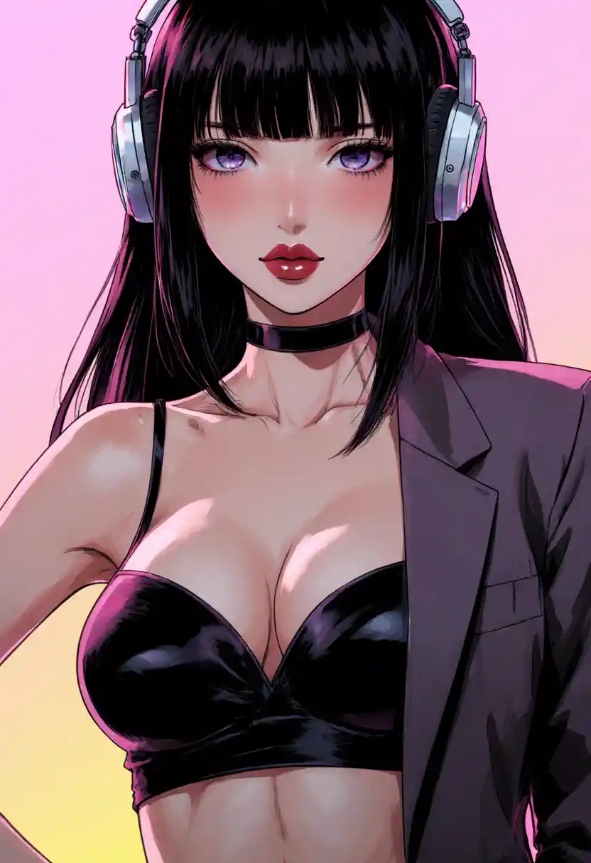 Anime woman in suit with headphones and neon colors