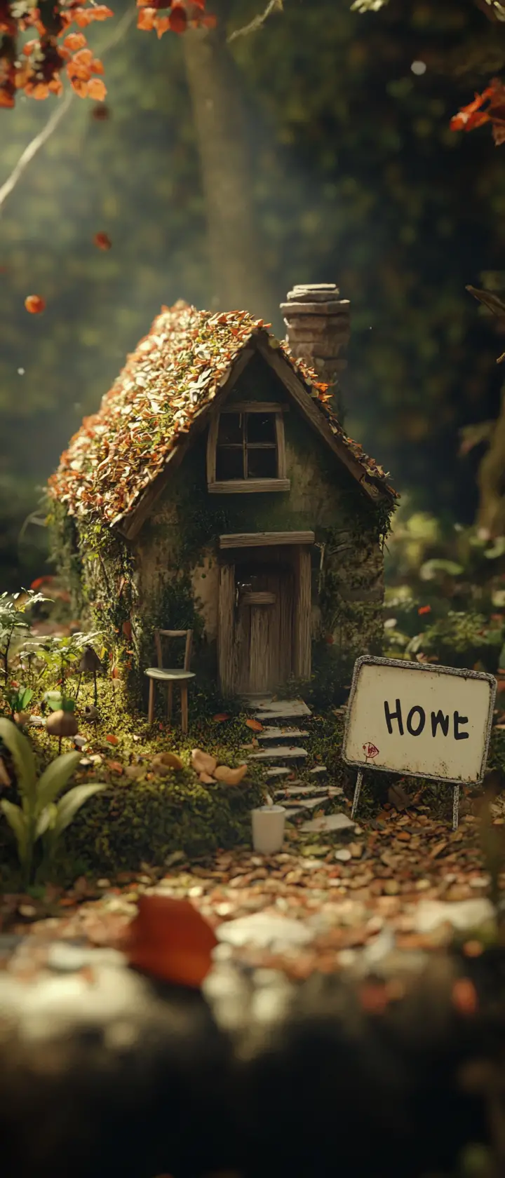 Gentle character building a tiny forest home from scraps