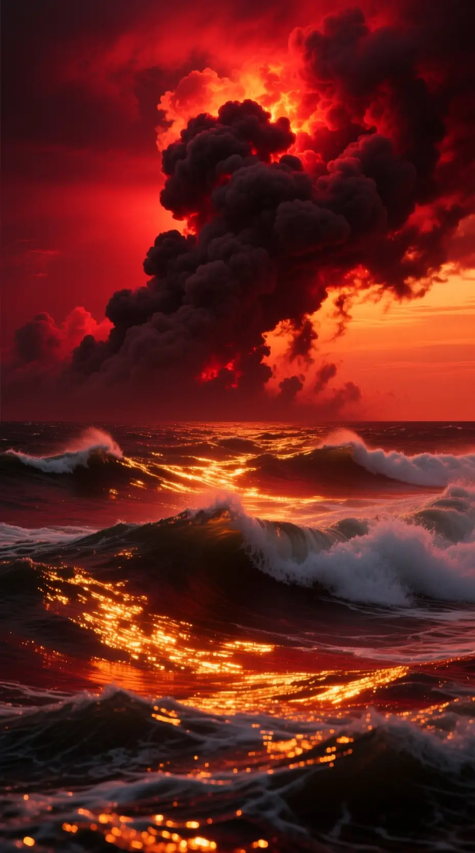 Cinematic red ocean waves beneath a smoke filled sky