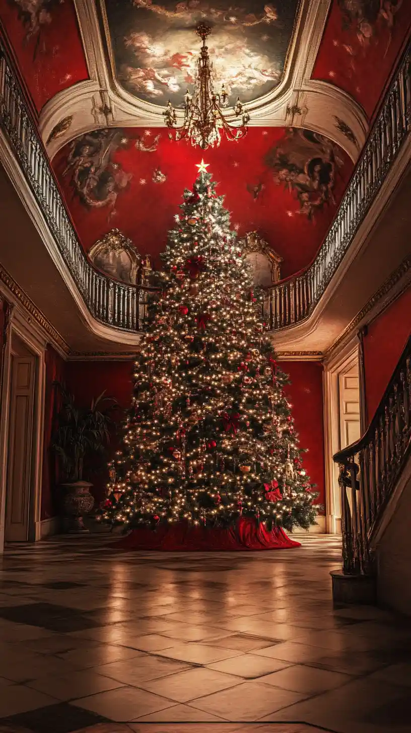 Ginormous Christmas tree in a glamorous baroque hallway