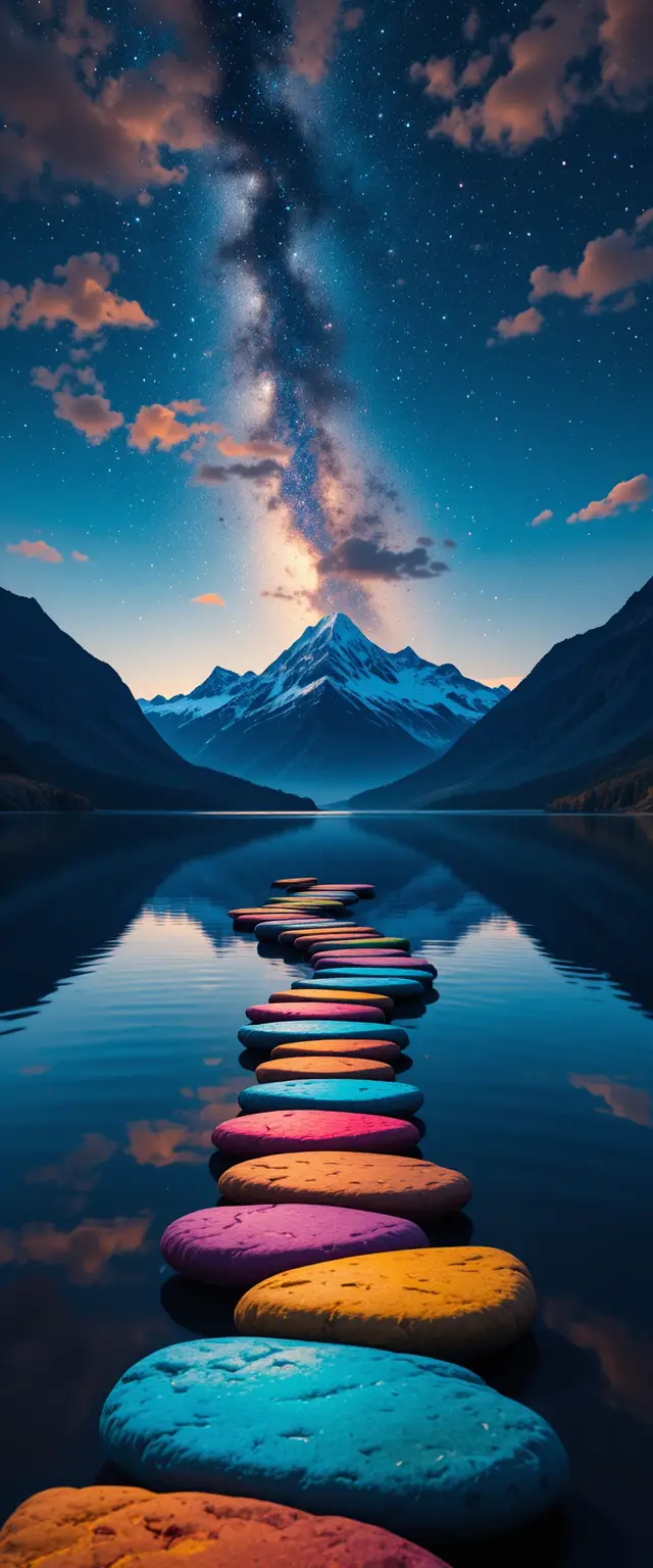 Serene mountain lake with milky way and colorful stones