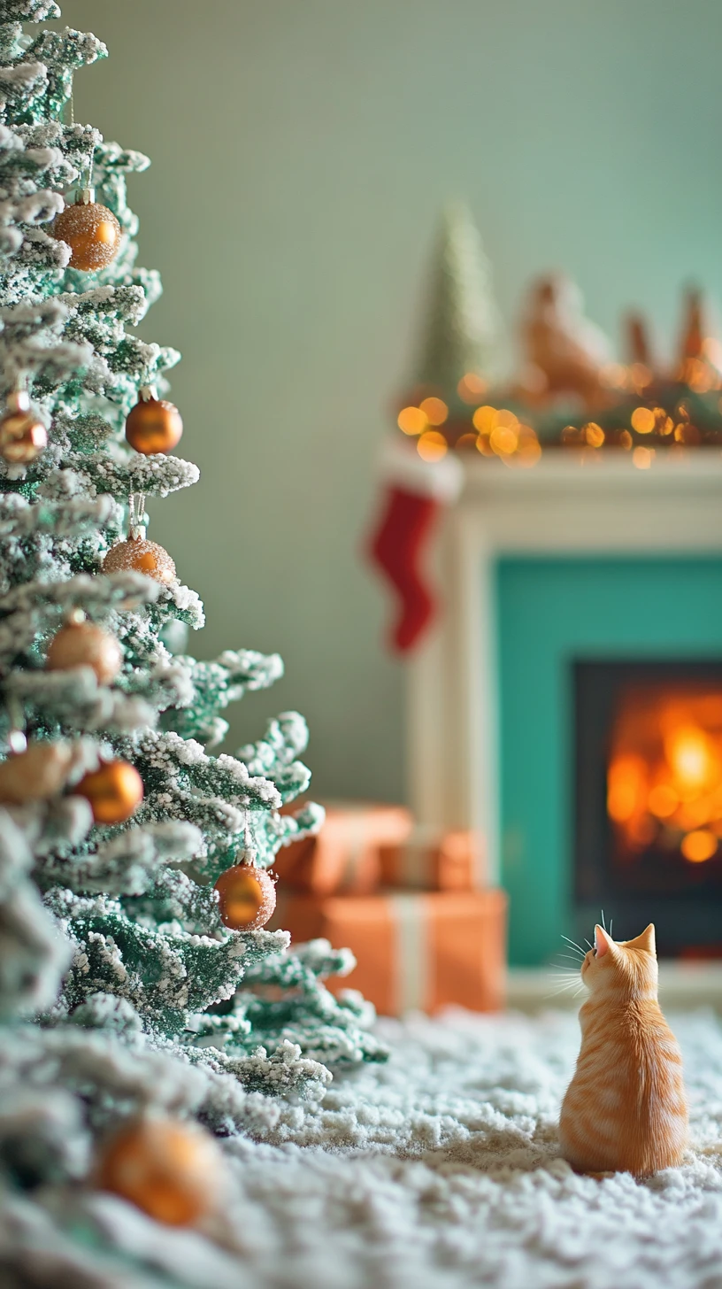 Sala de estar retrofuturista navideña con chimenea y gato