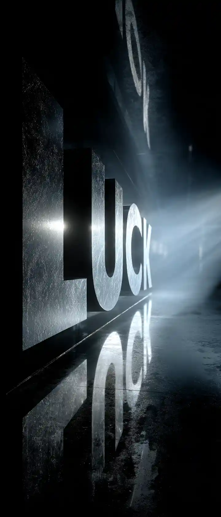Dramatic 3D titanium luck logo with glowing backlight