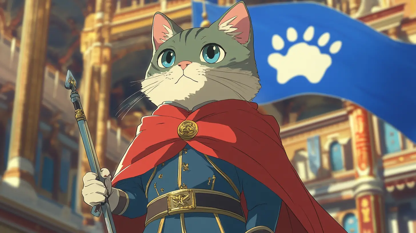 Imperial guard cat in ornate palace anime illustration