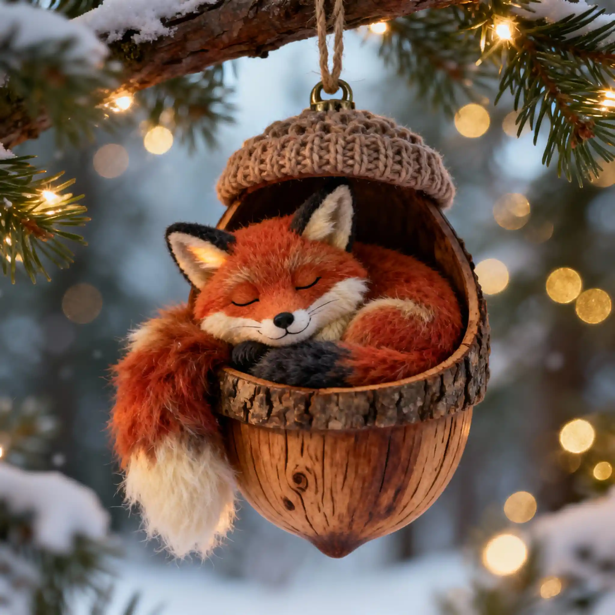 Tiny red fox sleeping inside a hanging acorn ornament
