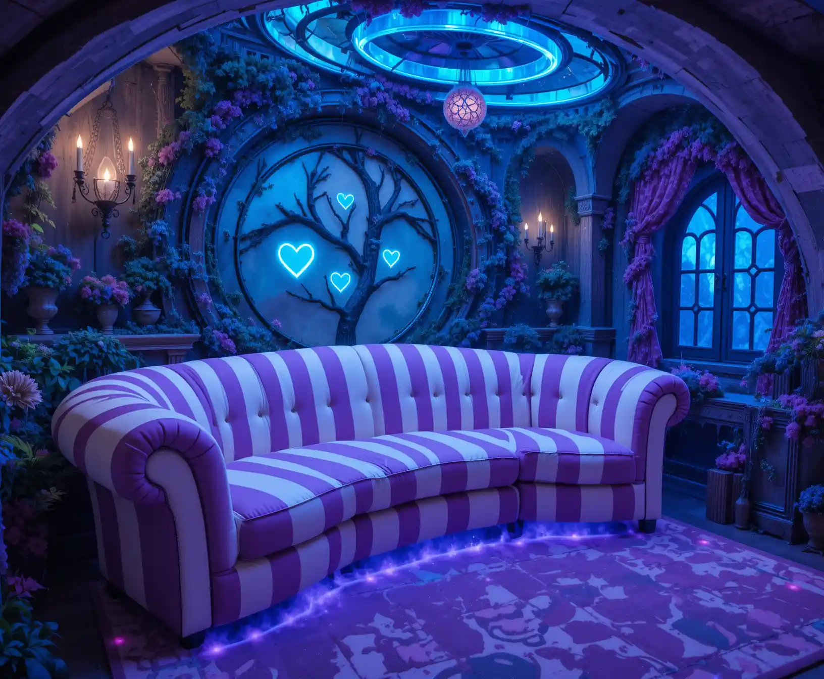Fantastische Kellerlounge mit gestreiftem Sofa und Neonherzen