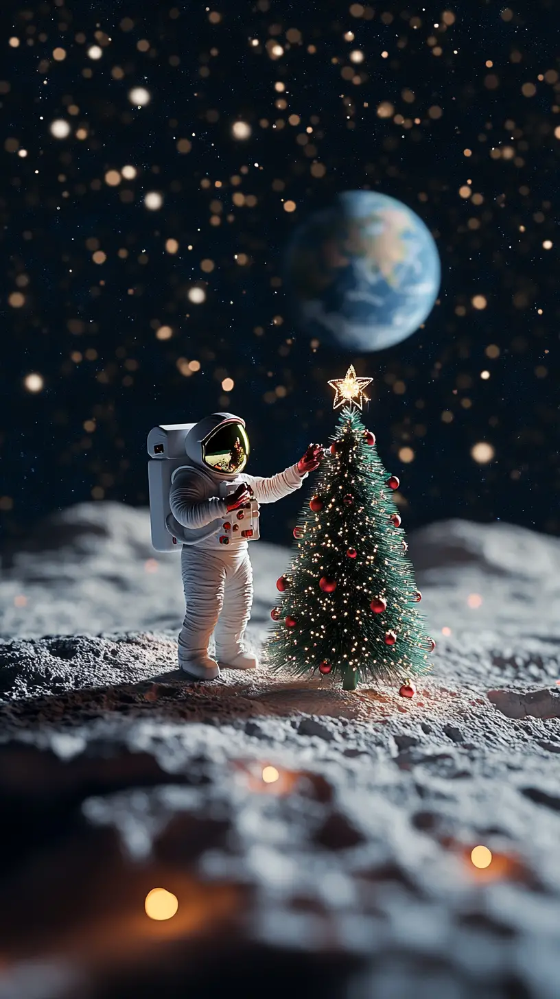 Astronaut Decorating A Christmas Tree On The Moon