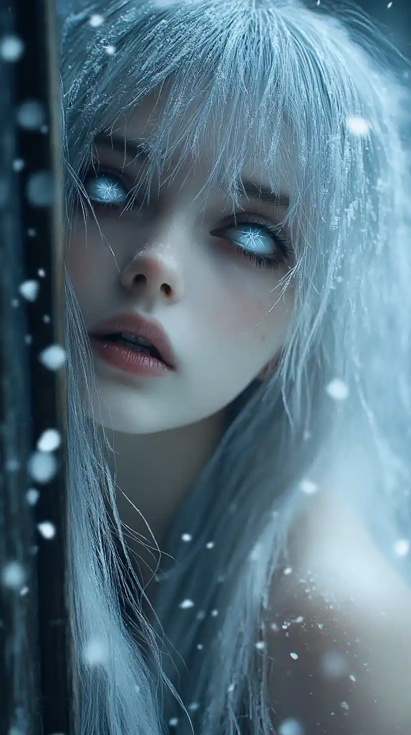 Sad ice haired girl with lightning eyes among frozen buildings