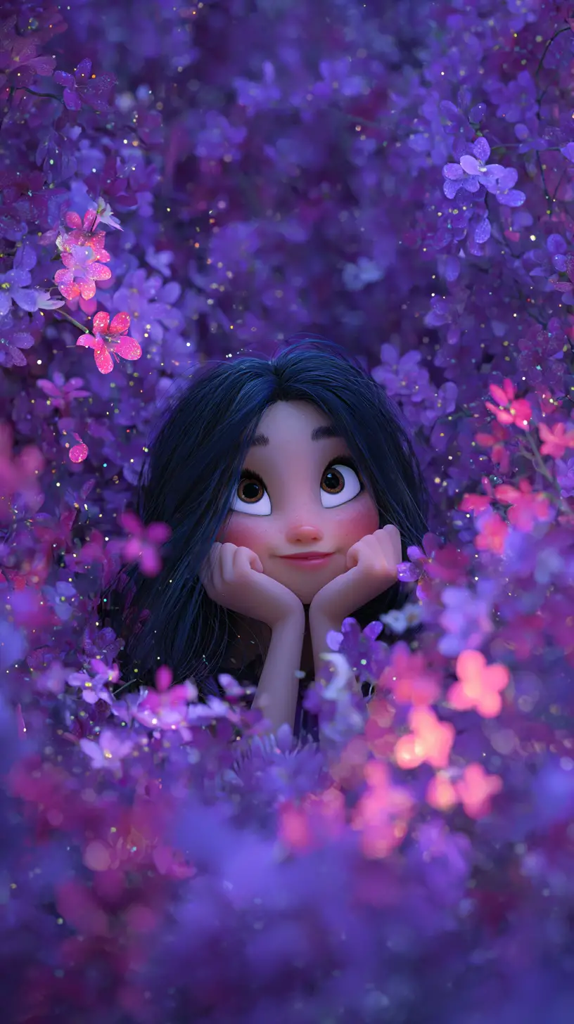 Young girl in lavender field with cherry blossoms