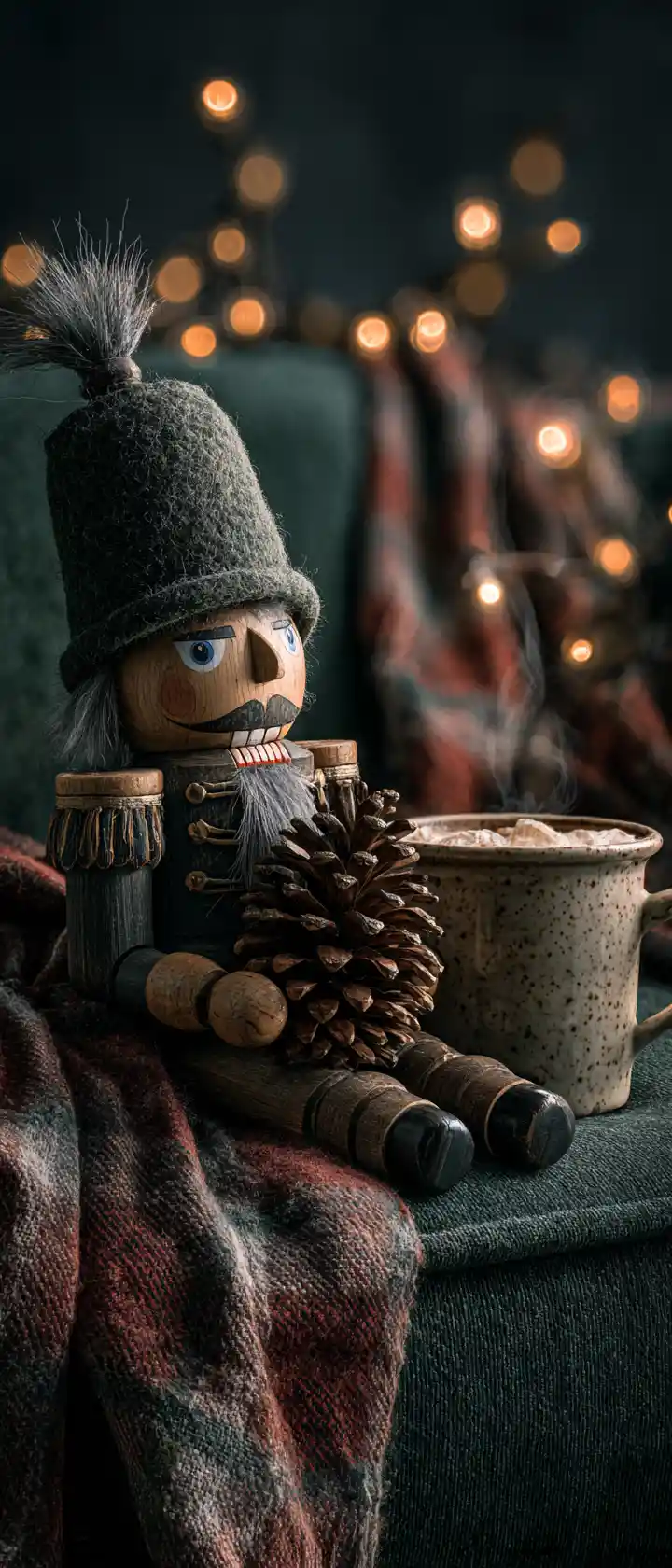 Macro view of vintage toy soldier on velvet sofa