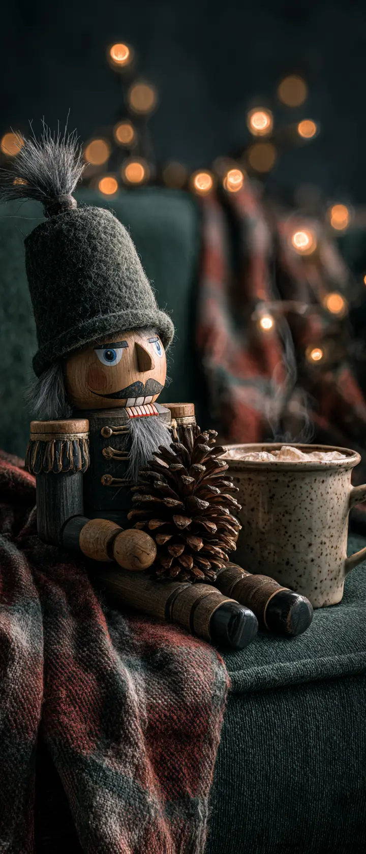 Macro view of vintage toy soldier on velvet sofa