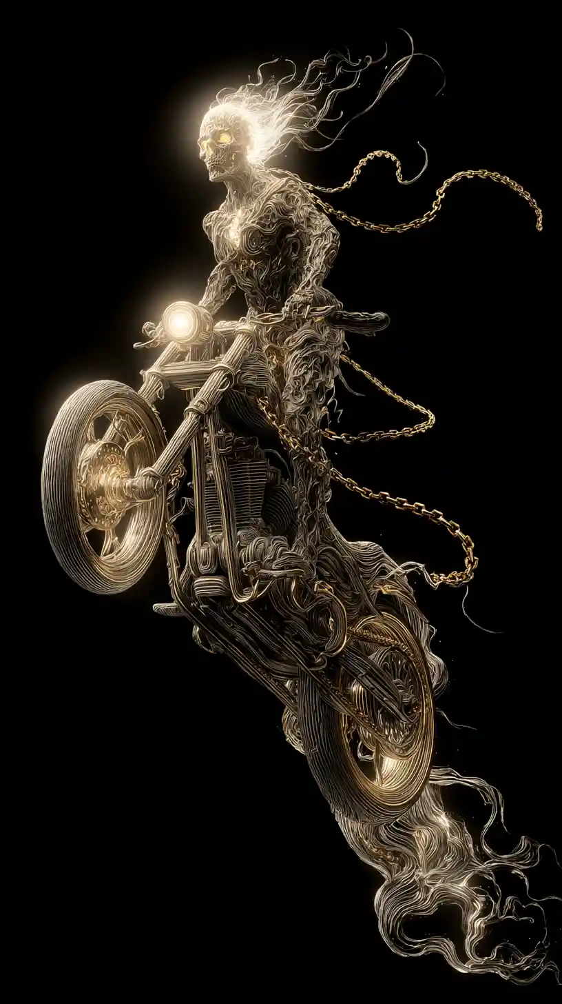 Ghost rider godlike figure on flaming motorcycle in hell