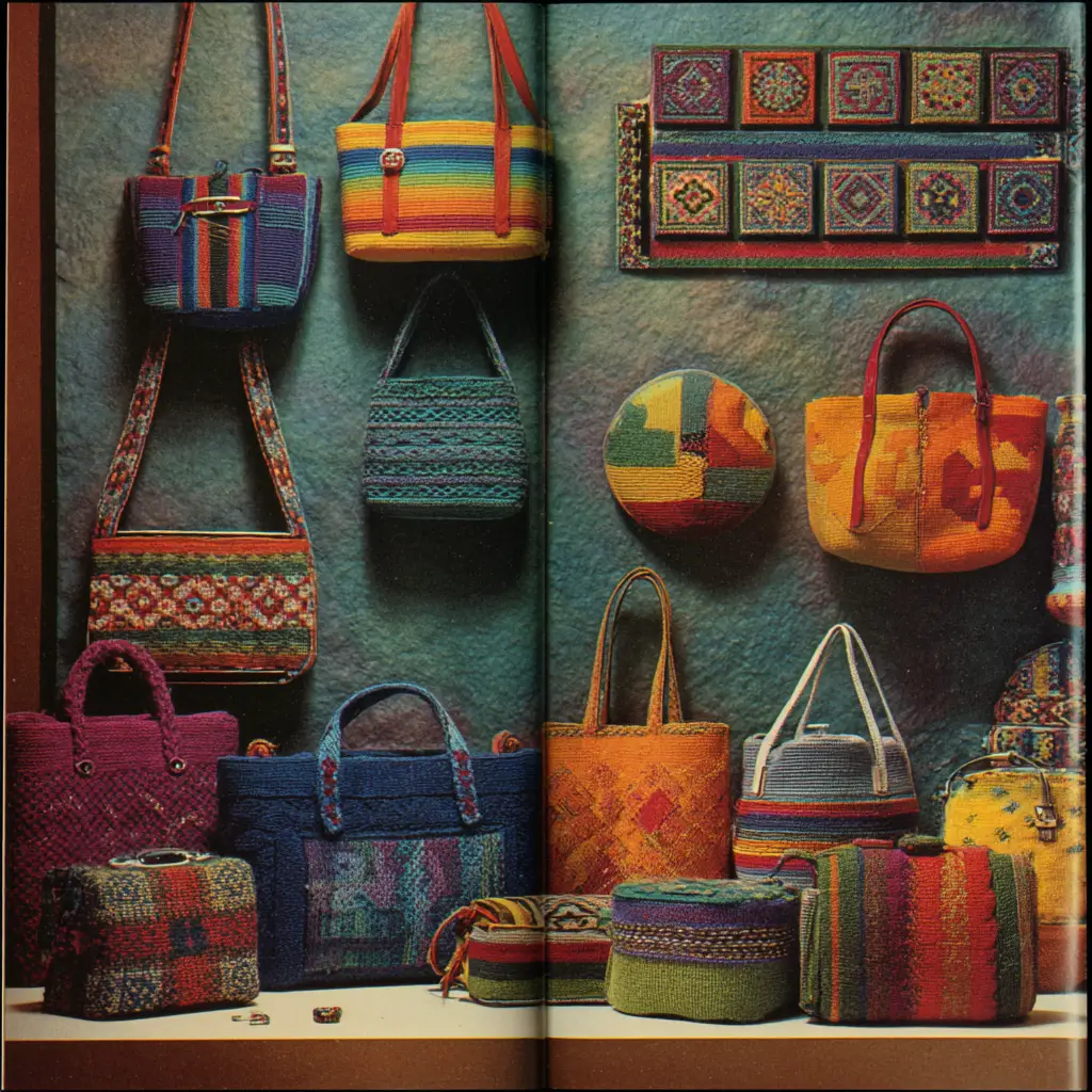 Vintage magazine page with colorful felt handbags display