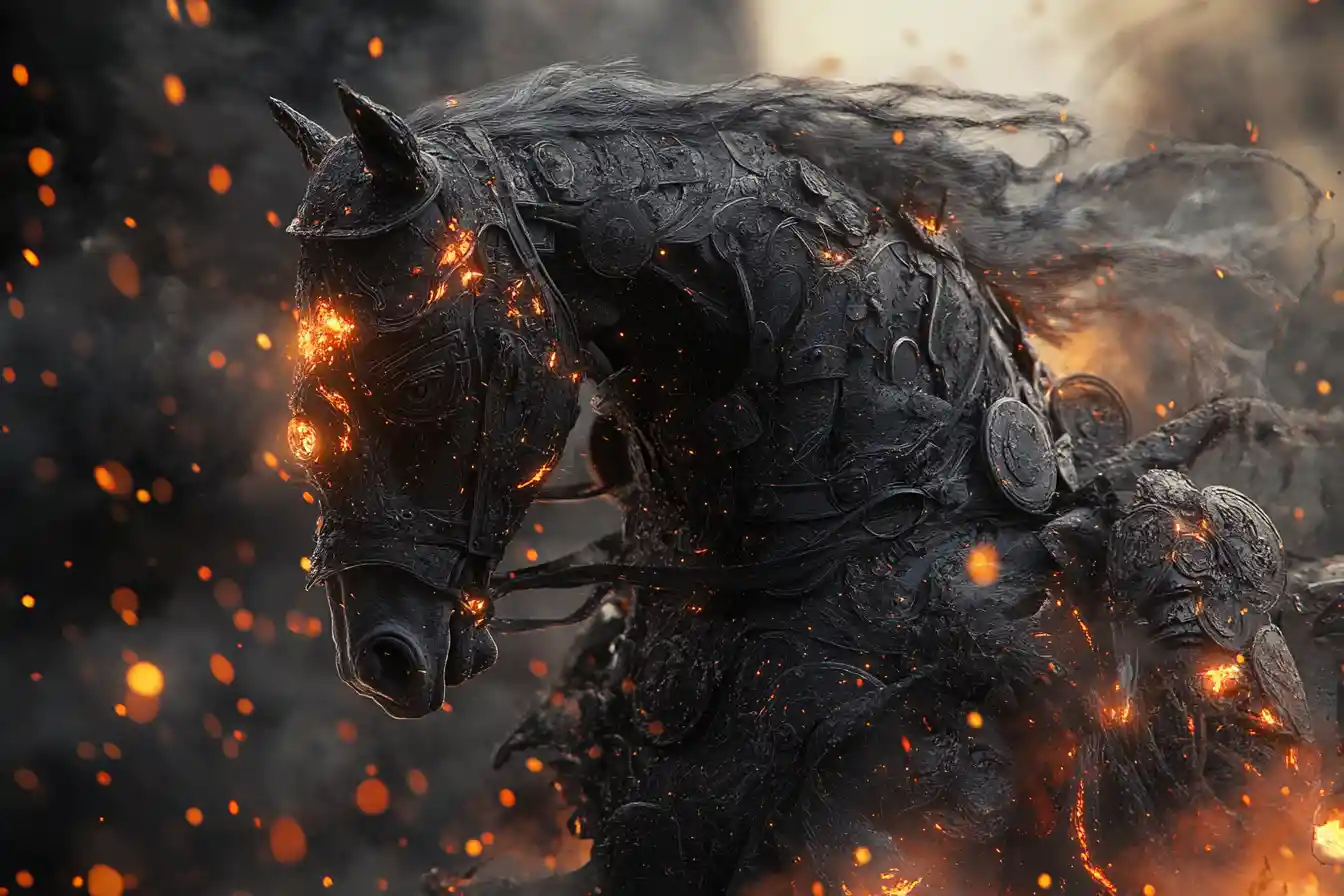 Armored famine rider on monstrous horse in dark battlefield