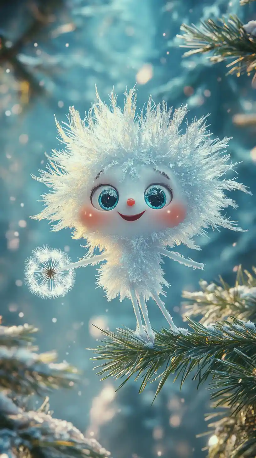 Joyful snowflake character in a magical winter forest