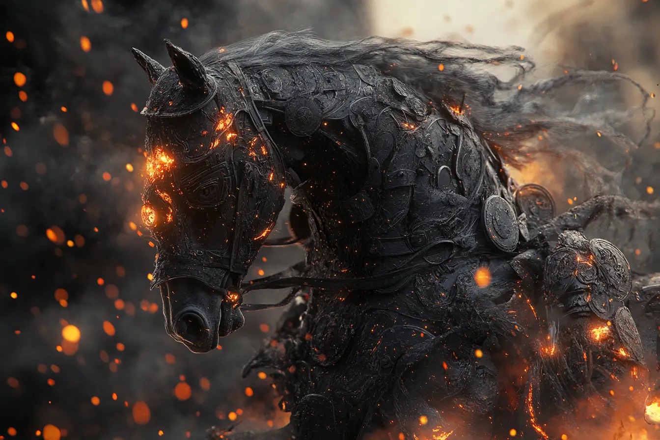 Armored famine rider on monstrous horse in dark battlefield