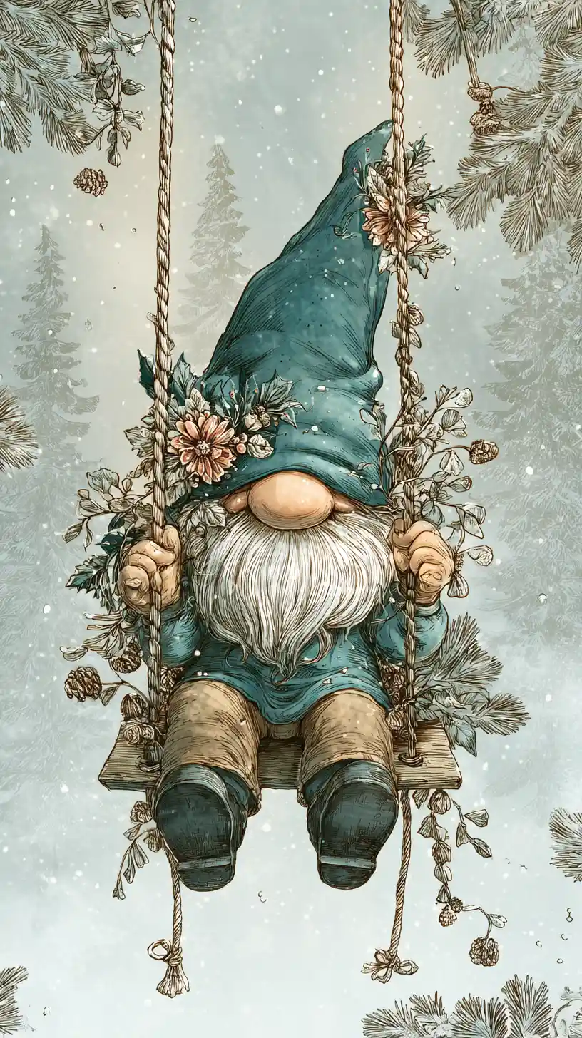 Peaceful gnome on a swing in a snowy forest