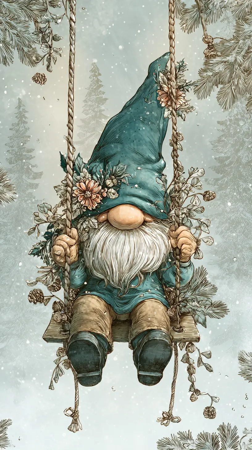 Peaceful gnome on a swing in a snowy forest