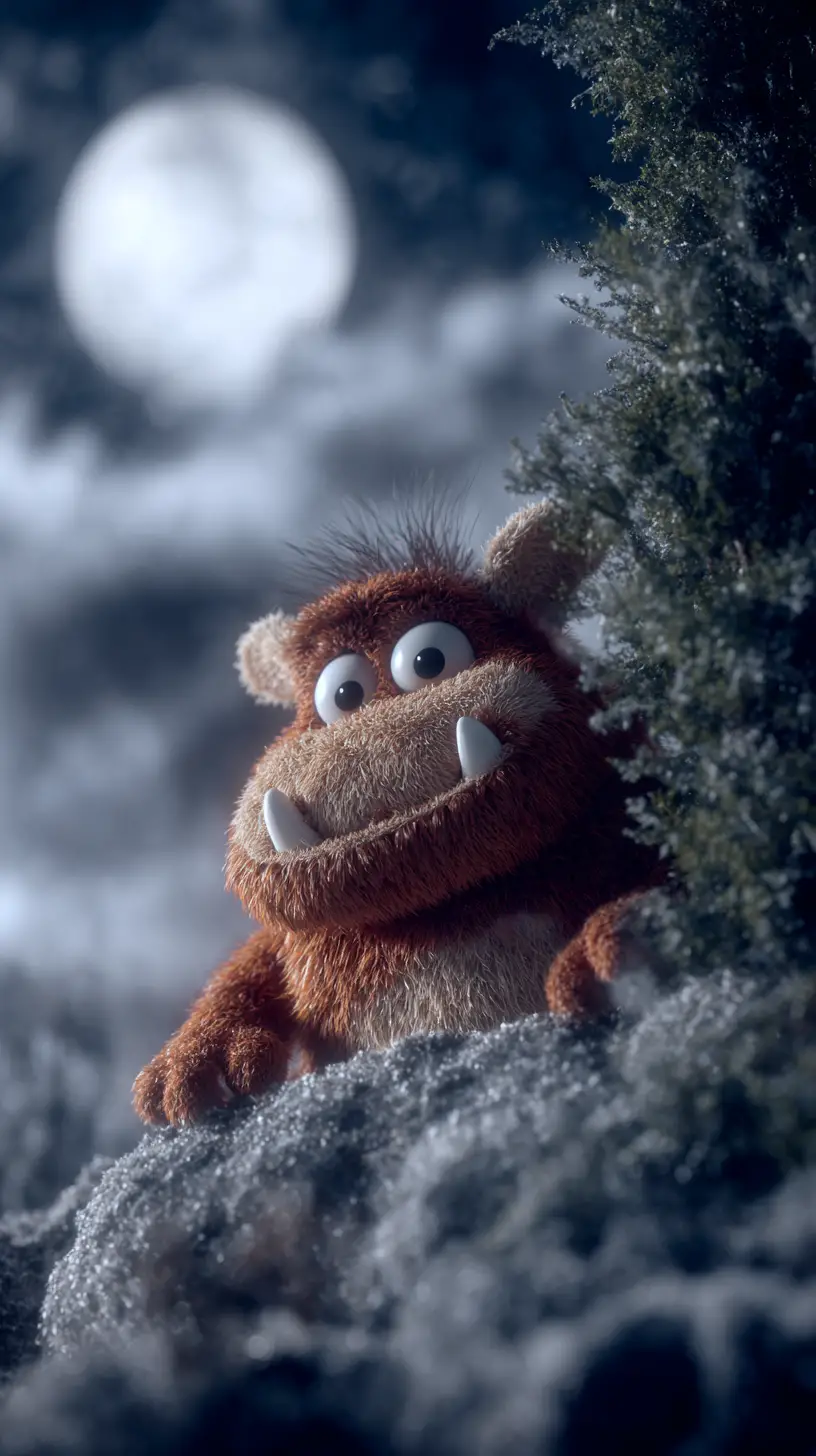 Plush monster on snowy hill under cloudy moonlit night