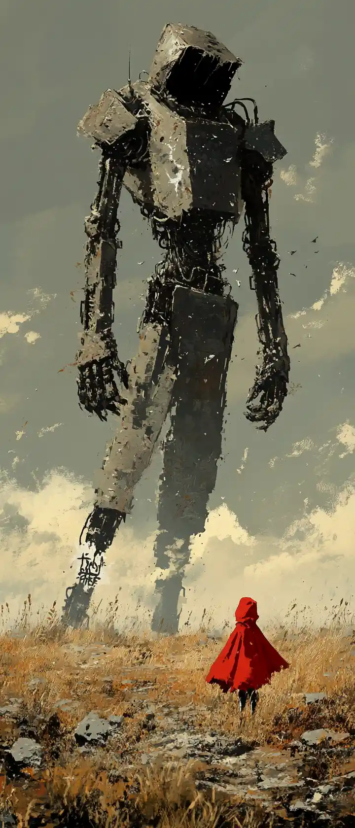 Broken guardian mecha holding a torn red cloak