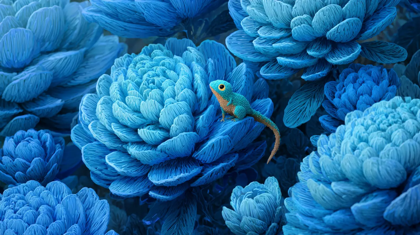 Tiny fantasy creature among enormous blue forest flowers