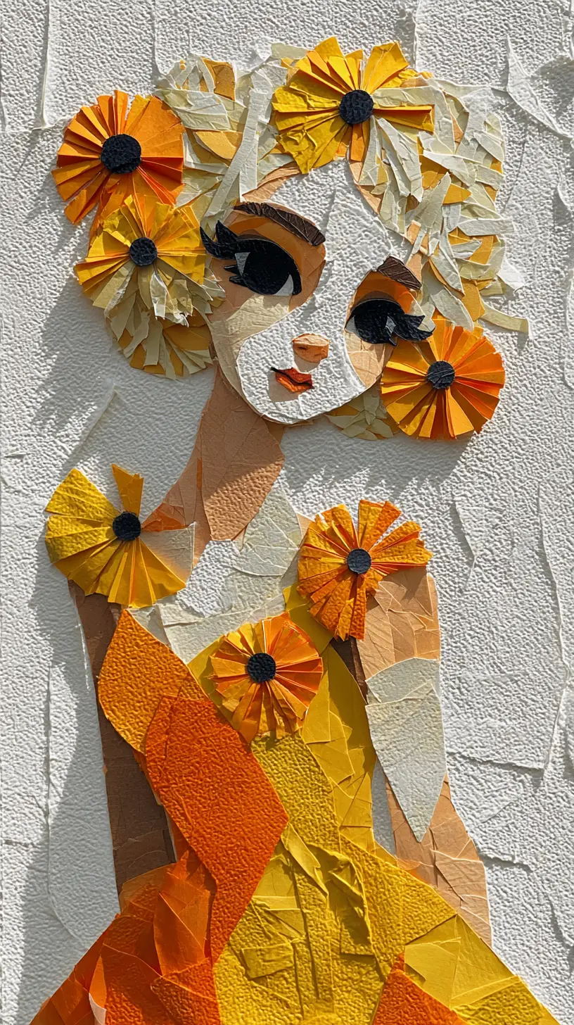Paper collage woman with floral kusudama decorations
