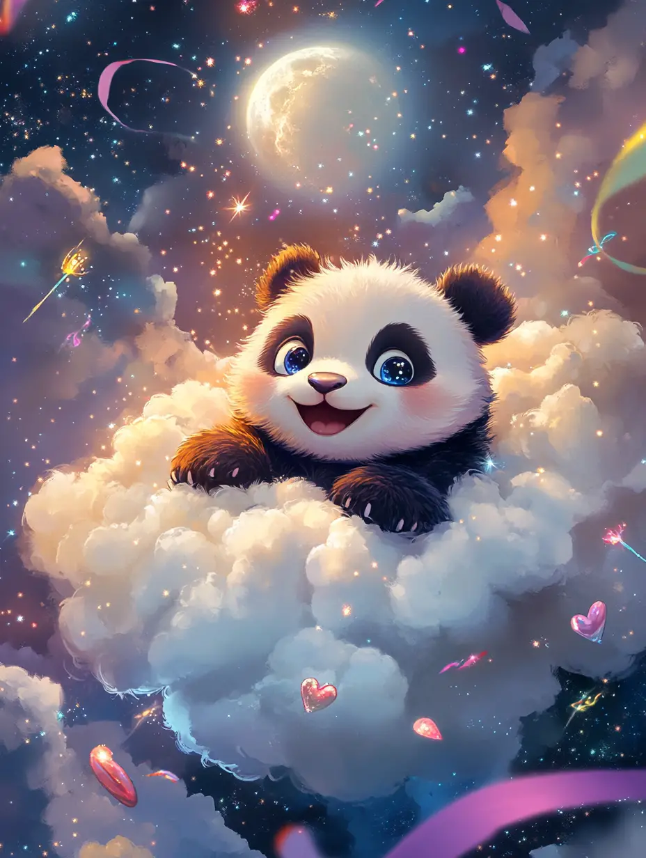 Süßes Panda-Baby, das nachts eine flauschige Wolke umarmt