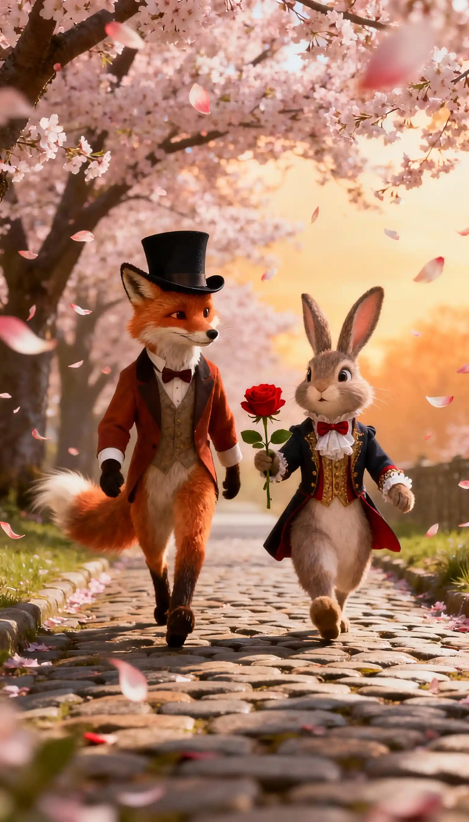 Fox And Rabbit Walking Under Blooming Cherry Trees