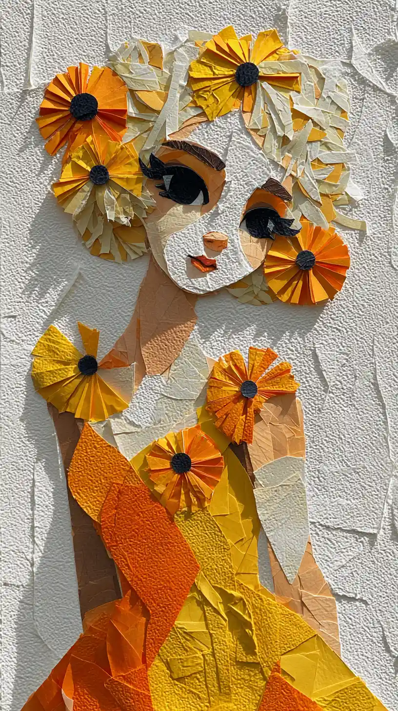 Paper collage woman with floral kusudama decorations