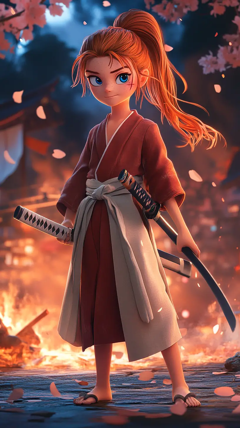 Brave young girl with katana in burning landscape