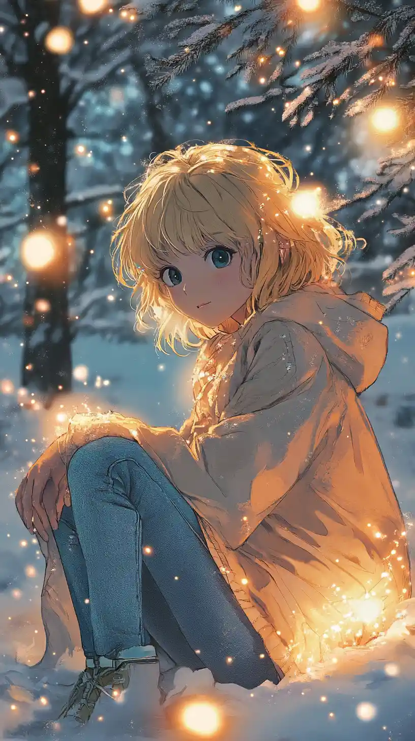 Shy anime girl in a cozy winter scene with lights