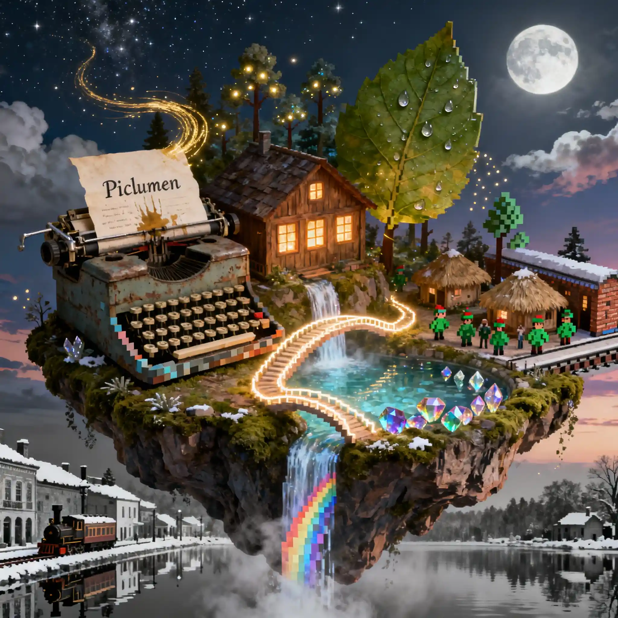 Floating Island House With Waterfall And Colonial Village