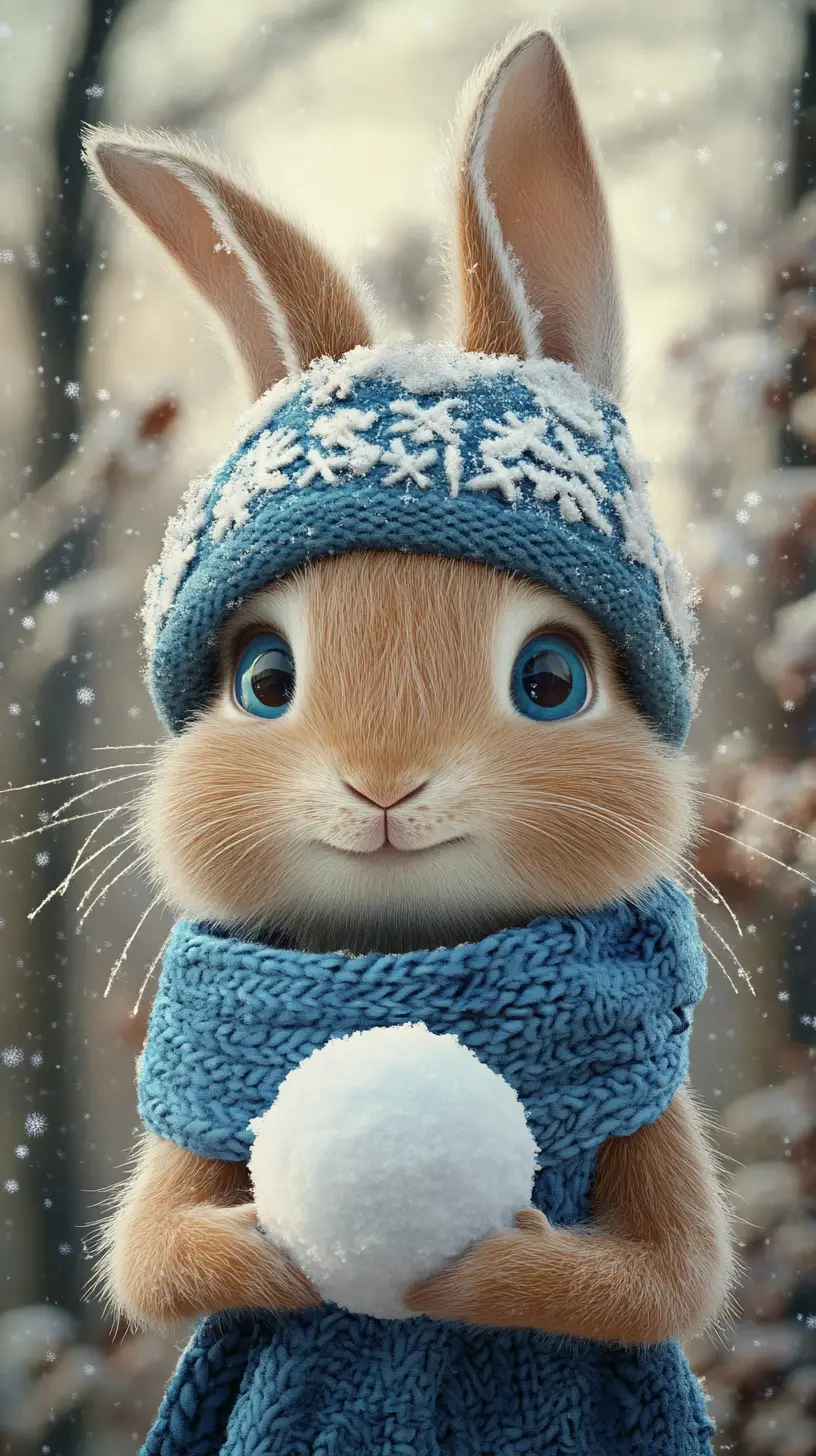 Cute winter rabbit with snowball in magical forest