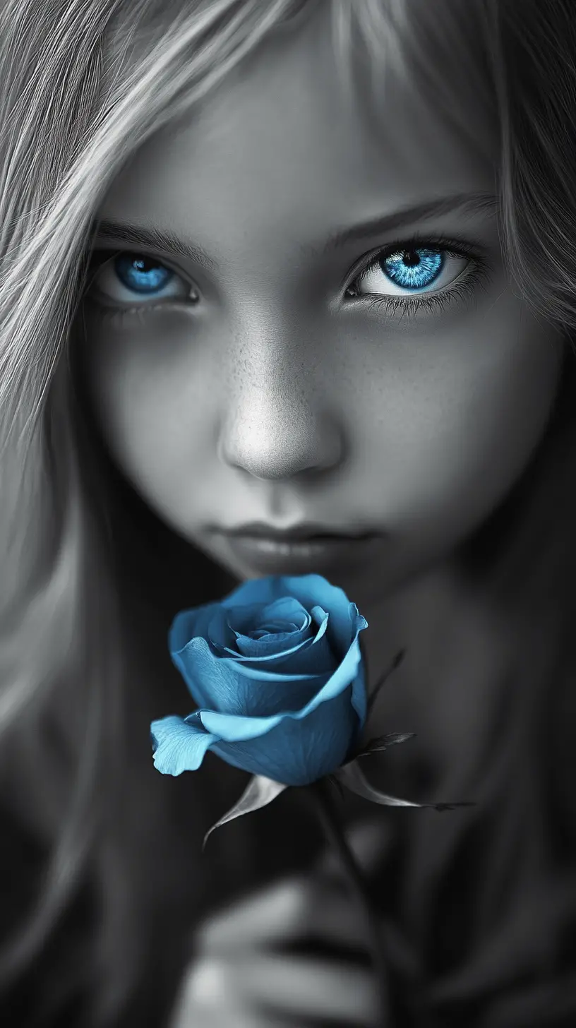 Melancholic girl with blue eyes holding a blue rose