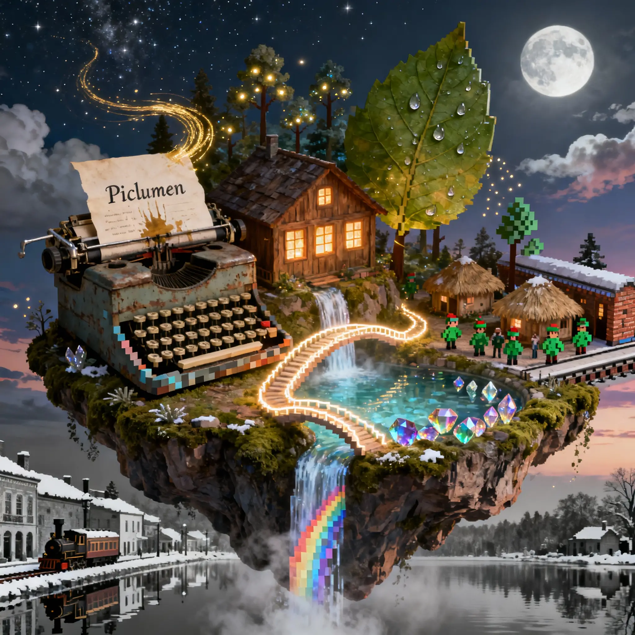 Floating Island House With Waterfall And Colonial Village