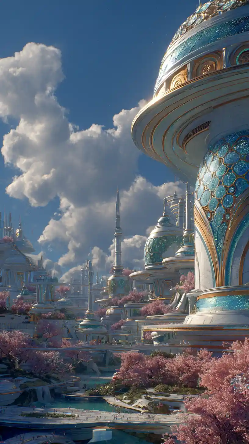 Utopian futuristic city with nature and glowing architecture