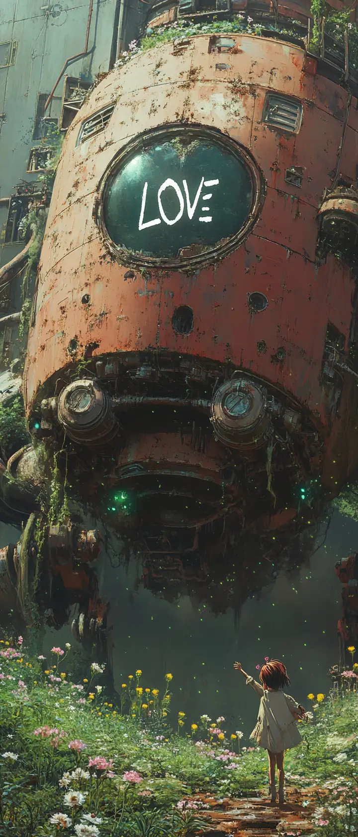 Colossal decaying mech overgrown with glowing flowers