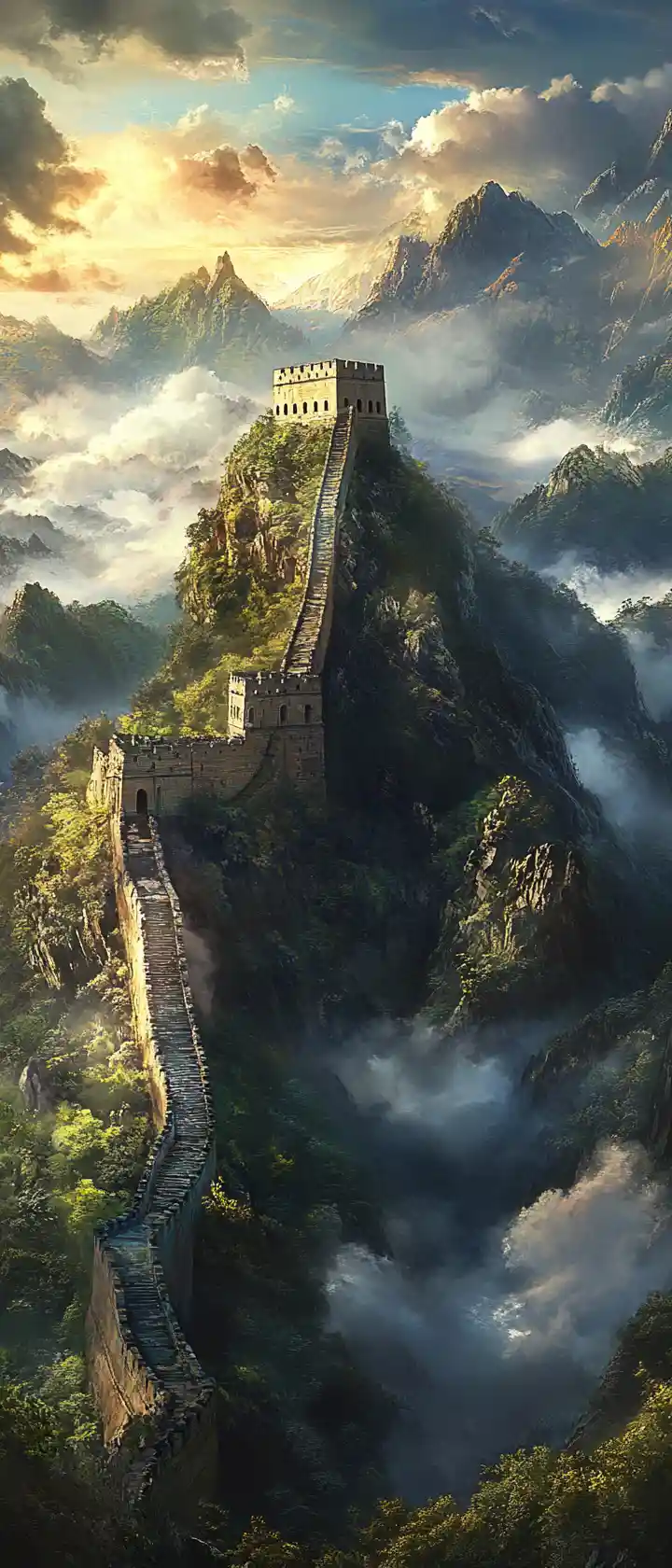 Great Wall at sunset over misty green mountain landscape