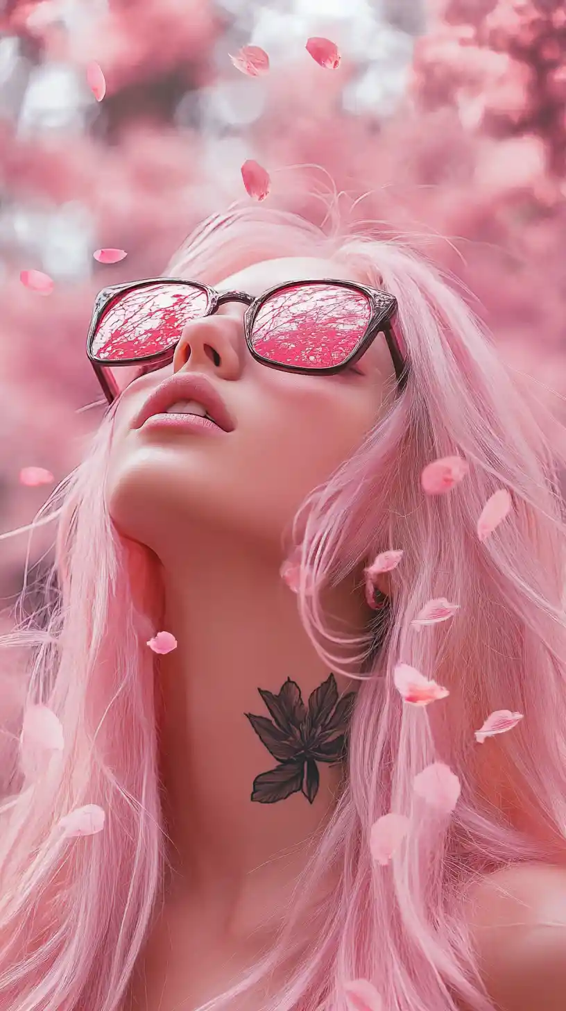 Pink haired girl in sunglasses among spring blossoms