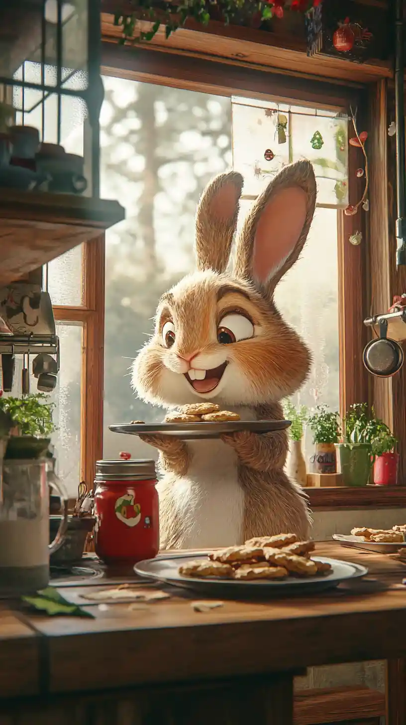 Smiling rabbit eating a cookie in a cozy kitchen