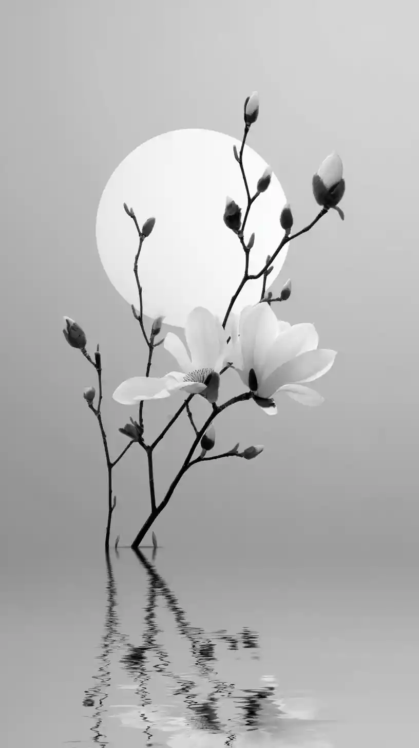 Branche de magnolia minimaliste reflétée sur un cercle lumineux