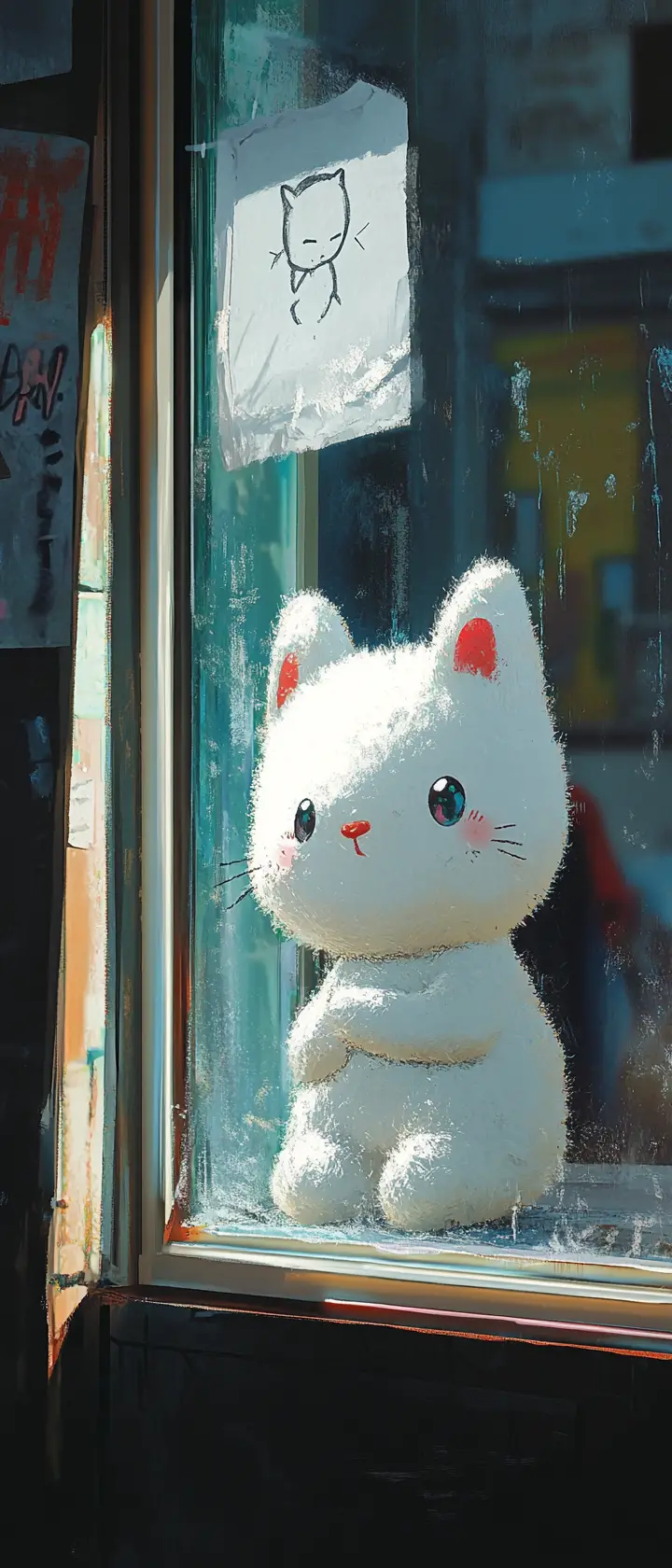 Cute mascot repairing a fragile glass wall with plaster
