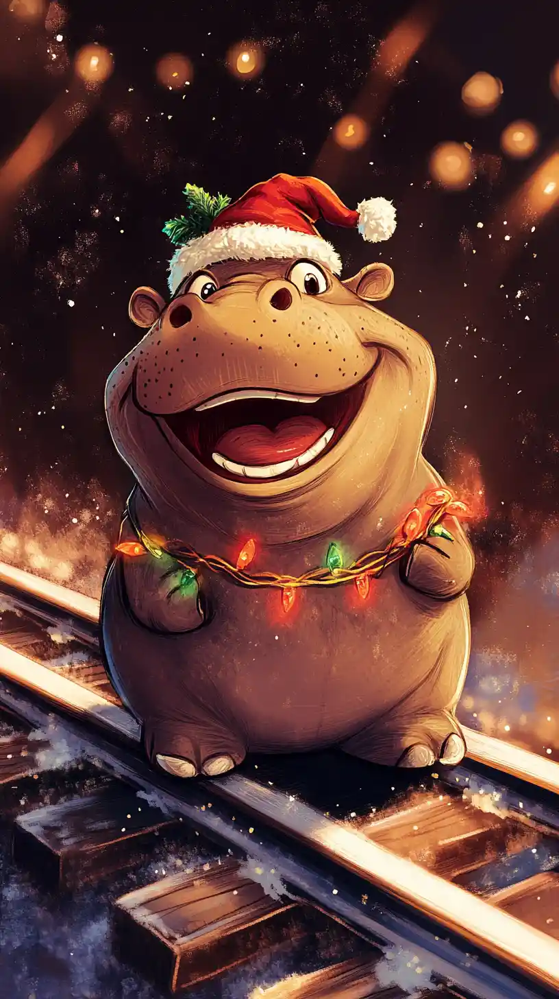 Cheerful Cartoon Hippo Celebrating Christmas On Railway