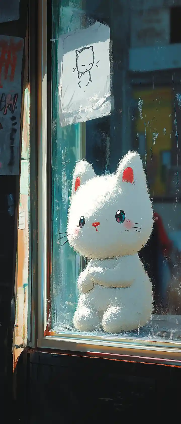 Cute mascot repairing a fragile glass wall with plaster