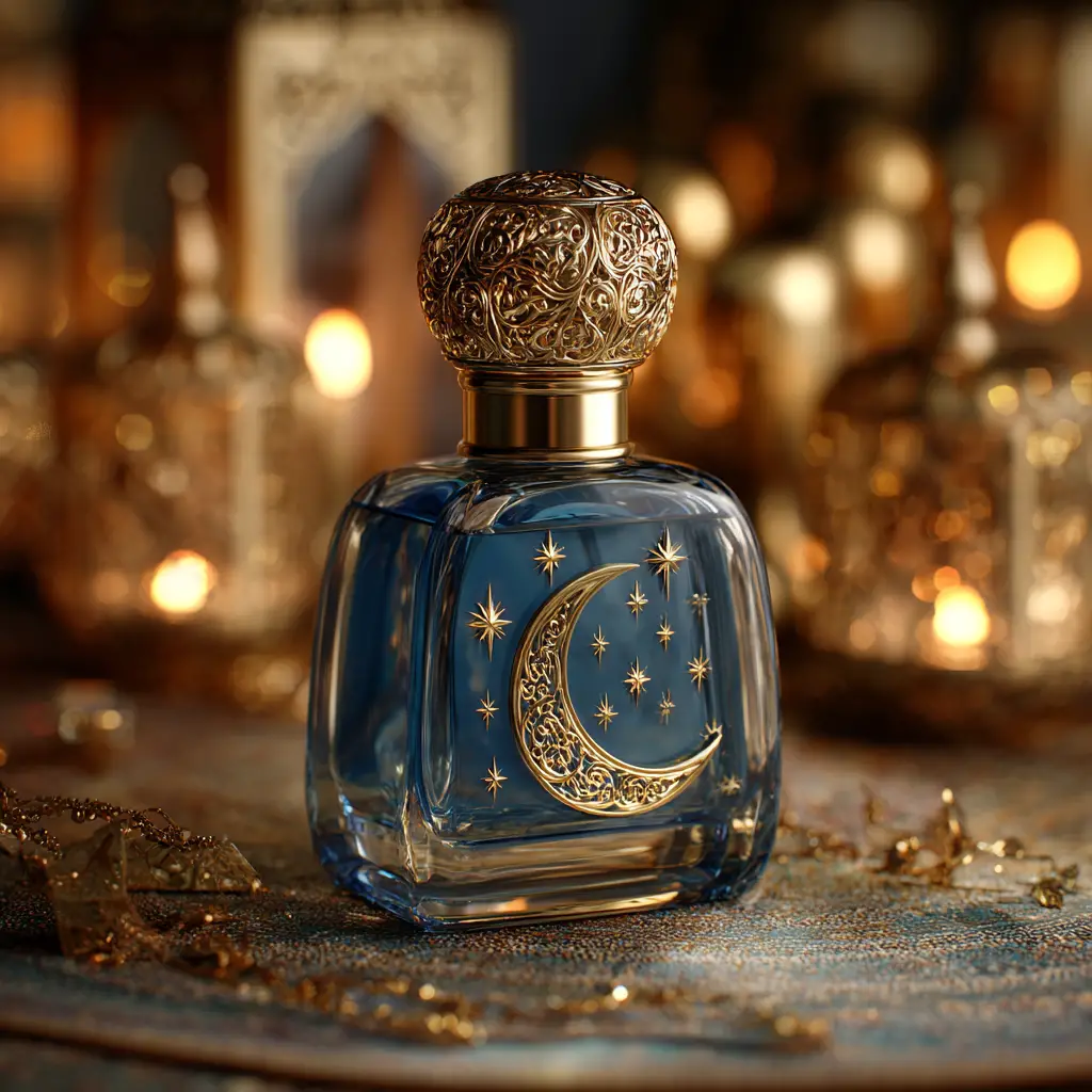 Elegant blue perfume bottle with gold crescent moon design