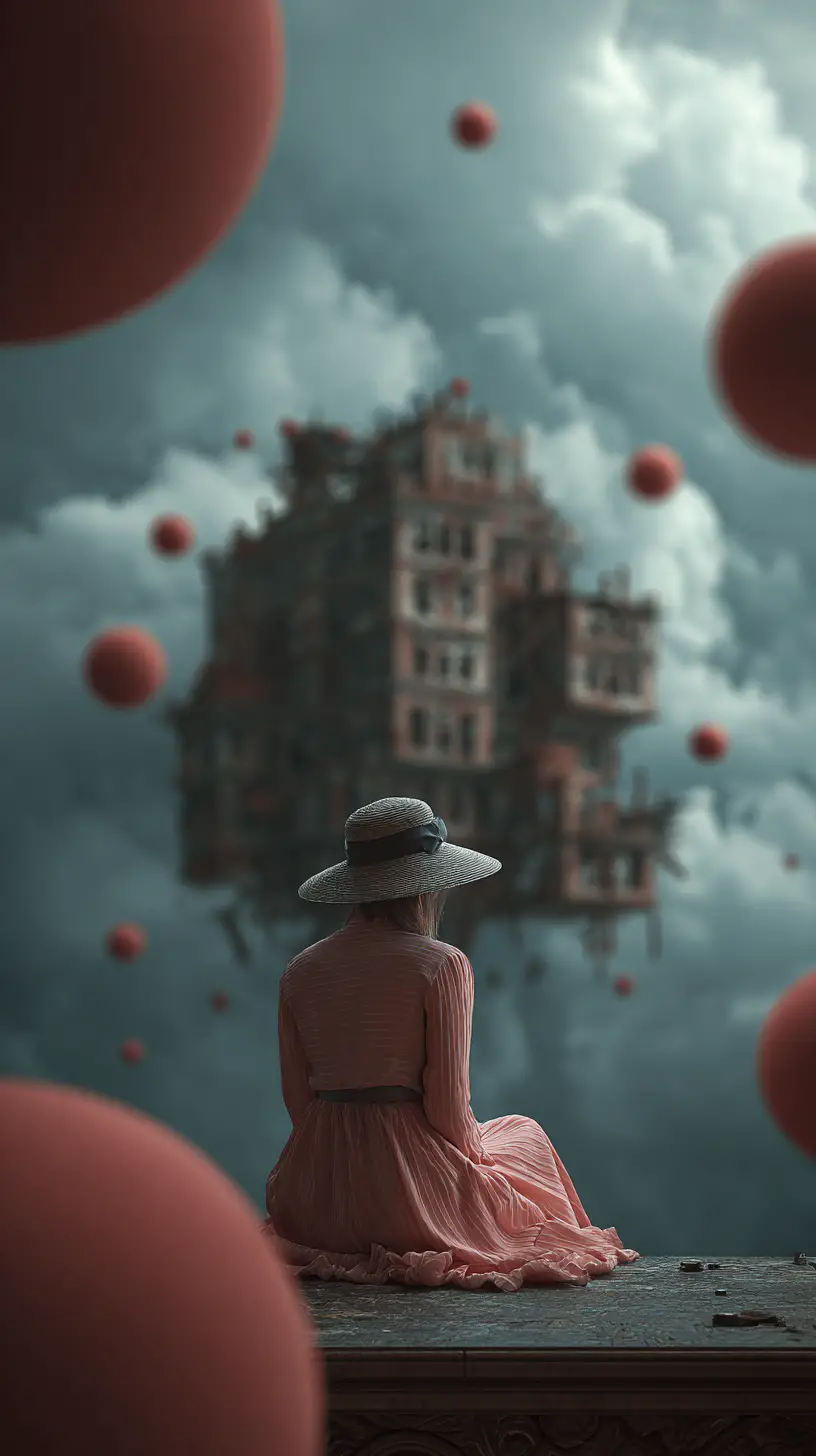 Woman on floating island gazing at surreal ruined building
