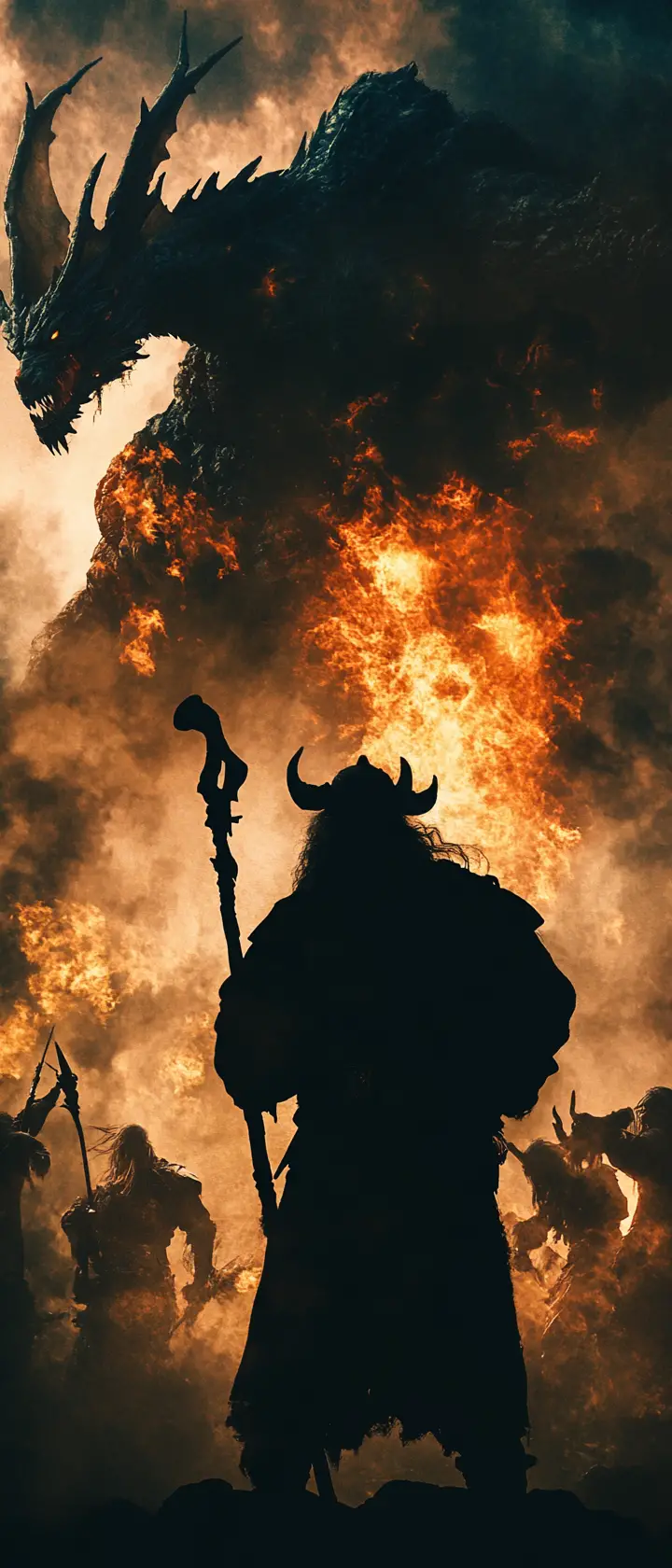Dwarf warrior silhouette with epic battle and dragon