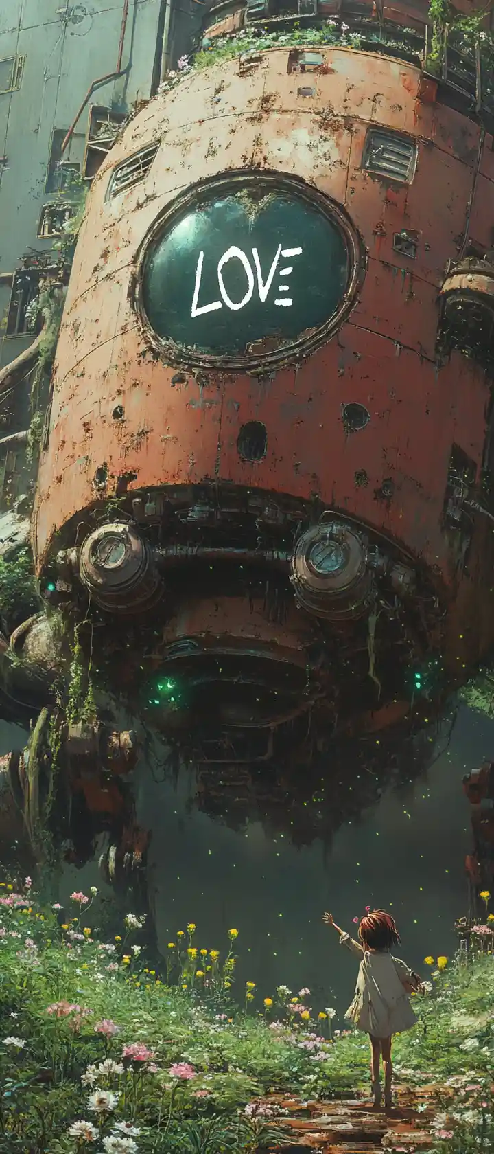 Colossal decaying mech overgrown with glowing flowers